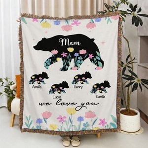 Personalised Family Bears Flower Soft Throw Blanket with Tassels 1-8 Names and Title Home Decor Birthday Mother's Day Gift for Mom Grandma