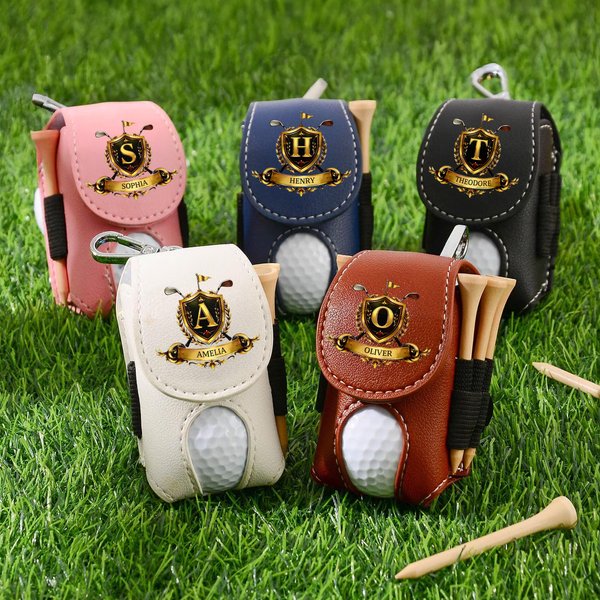 Personalized Golden Golf Badge Initial PU Leather Golf Ball Bag Tee Holder with Name Golf Club Birthday Gift for Golf Lovers