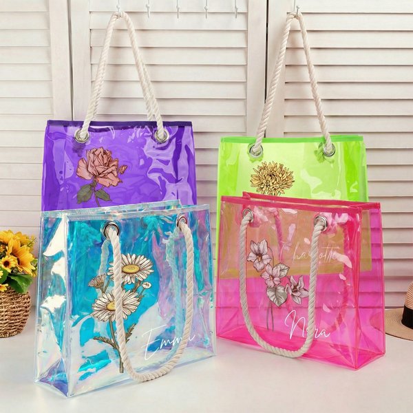 Personalizado 2 Estilos Nacimiento Flor Holográfico Transparente Bolsa Tote con Nombre Playa Accesorios Diario Despedida de Soltera Regalo de Navidad para Novias Mujeres