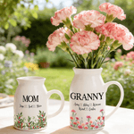Personalised Birth Flower Ceramic Plant Vase with Handle Title and Names Birthday Mother's Day Gift for Mom Grandma Family