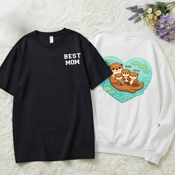 Personalized Cute Cartoon Otter Heart Multicolor Soft T-shirt Sweatshirt with Name and Title Mother's Day Birthday Gift for Mom Grandmother Family