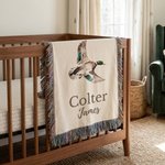 Personalized Mallard Duck Pattern Striped Tassel Woven Throw Blanket with Name Nursery Decor Birthday Baby Shower Gift for Newborn New Parents