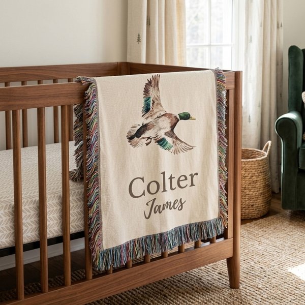 Personlig Mallard Duck Pattern Striped Tassel Woven Throw Blanket med navn Nursery Decor Bursdag Baby Shower Gave til nyfødte nye foreldre