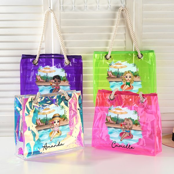 Personalisierte holographische Tasche mit Cartoon Frau am Pool und Namen Strand Schwimmen Urlaub Sommer Party Geburtstag Geschenk für Damen Mädchen