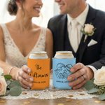 Personalized Simple Line Drawing Style Photo Insulated Beer Can Cooler Sleeve with Surname Date and Text Wedding Party Gift for Couple Family Friend