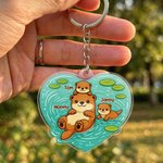 Personalized Otter Mom and 1-5 Baby Otters Heart-Shaped Acrylic Keychain with Names Daily Use Mother's Day Gift for Mom Grandma