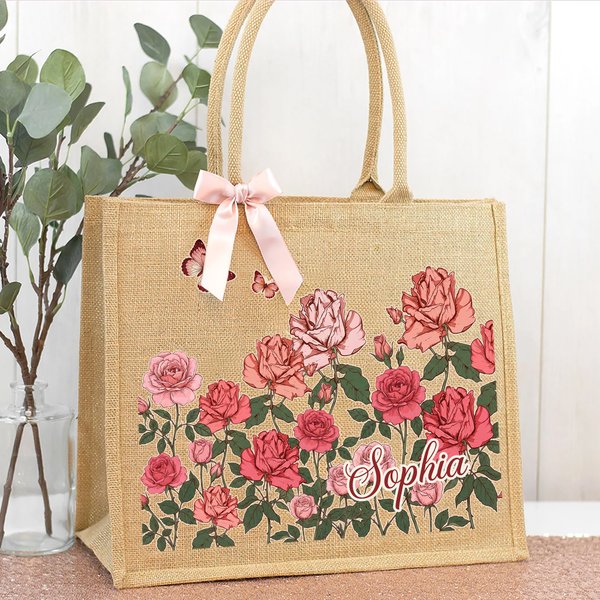 Personalised Birth Flower Butterfly Large Capacity Jute Tote Bag with Name Daily Use Mother's Day Birthday Gift for Mom Grandma Woman