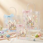 Bolsa transparente personalizada con nombre e inicial diseño de Pascua con lazo rosa conejo y pollitos regalo de fiesta para niños