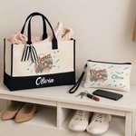 Personalized Mama Bow Flower Large Tote Bag Portable Makeup Bag with Name Birthday Mother's Day Gift for Mom Grandma Family