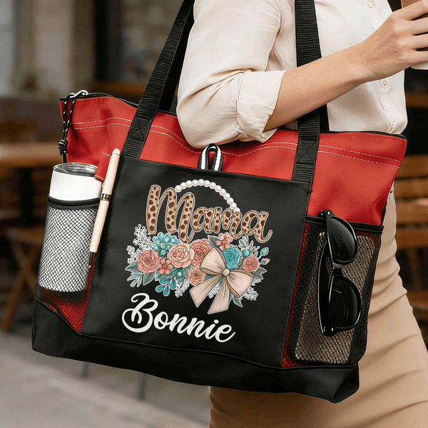 Personalised Bow Flower Large Oxford Tote Bag with Name Birthday Mother's Day Gift for Mom Grandma