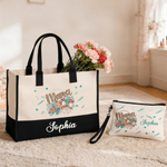 Personalized Mama Bow Flower Large Tote Bag Portable Makeup Bag with Name Birthday Mother's Day Gift for Mom Grandma Family