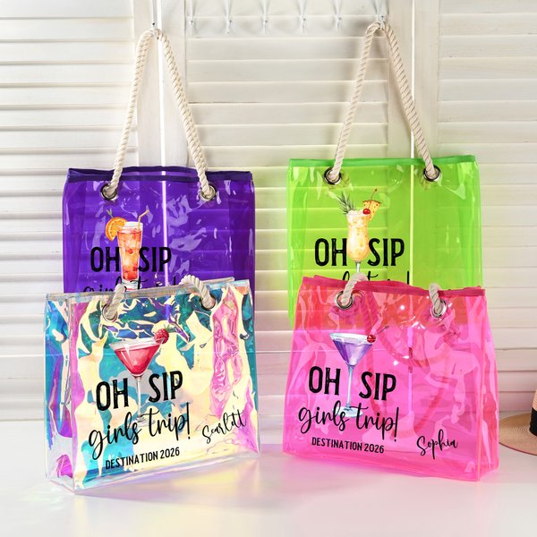 Personalized Oh Sip Girls Trip Drinks Waterproof Clear Tote Bag with Name Beach Accessories Travel Vacation Gift for Women