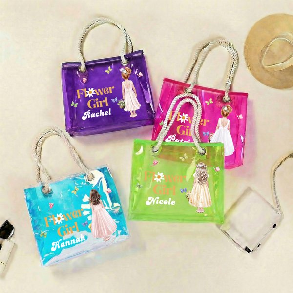 Spersonalizowana torba na zakupy z imieniem i nazwiskiem Urodzinowy kosz kwiatów Dziewczynki Wielokolorowa wodoodporna przezroczysta torba na zakupy z imieniem i nazwiskiem Prezent ślubny dla dziewczy