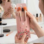 Personalised Birth Flower Butterfly PU Leather Makeup Brush Bag with 8 Pcs Makeup Brushes Travel Essentials Mother's Day Birthday Gift for Women