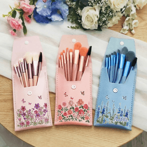 Personalized Birth Flower Butterfly PU Leather Makeup Brush Bag with 8 Pcs Makeup Brushes Travel Essentials Mother's Day Birthday Gift for Women