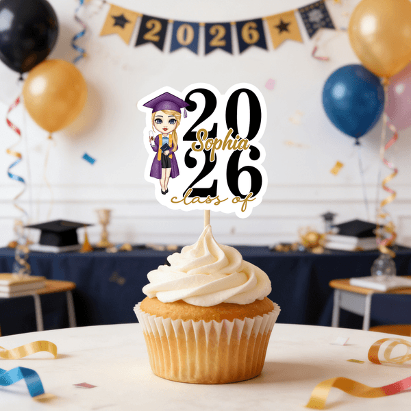 Personalisierte Cartoon Charakter Graduierung Cupcake Topper mit Namen und Jahr für Cupcake Dekor Graduierung Geschenk für Absolventen Freunde
