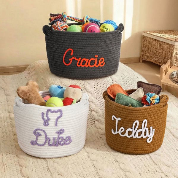 Personalised Paw Print Cotton Woven Dog Cat Toy Storage Basket Pet Bed with Name Pet Birthday Anniversary Gift for Pet Owner Lover