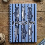 Personalized Sardine Mackerel Flounder Striped A5 Spiral Notebook with Name and 60 Lined Pages Birthday Gift for Fishing Enthusiasts