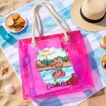 Personalized Pool Vacation Cartoon Girl Holographic Clear Tote Bag with Name Summer Party Holiday Birthday Gift for Women Girls