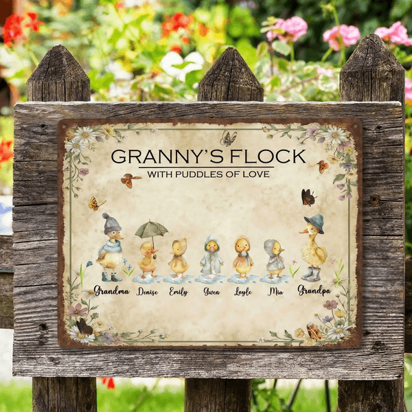 Personalised Duck Family Retro Garden Metal Sign with Name and Text Garden Decoration Mother's Day Birthday Gift for Grandma Mom