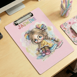 Porte-blocs en acrylique personnalisé avec nom Fille lisant un dessin animé Cadeau d'anniversaire pour étudiants