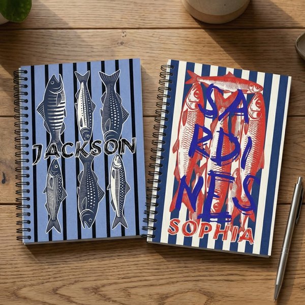 Personalized Sardine Mackerel Flounder Striped A5 Spiral Notebook with Name and 60 Lined Pages Birthday Gift for Fishing Enthusiasts