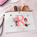 Gepersonaliseerde Geboorte Bloemen Boeket Canvas Make-up tas met initiaal naam en polsbandje verjaardagscadeau voor meisje vrouwen