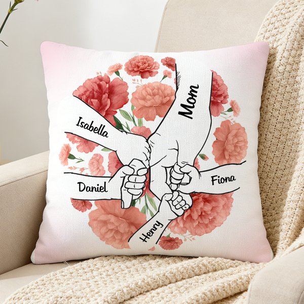 Personalised Holding Hands Birth Flower Soft Cushion Cover with 1-11 Names Room Decor Mother's Day Birthday Gift for Mom Grandmother