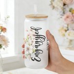 Personalizada Nacimiento Flor Texto Fecha 20 oz Esmerilado Vaso de cristal con pajita y tapa Aniversario de boda Compromiso Regalo para la novia Mujer