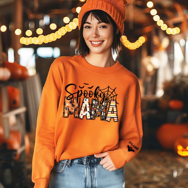 Felpa personalizzata Spooky Mama Grandma Pumpkin Bat Design Crewneck con 1-8 nomi Regalo in costume di Halloween per le donne