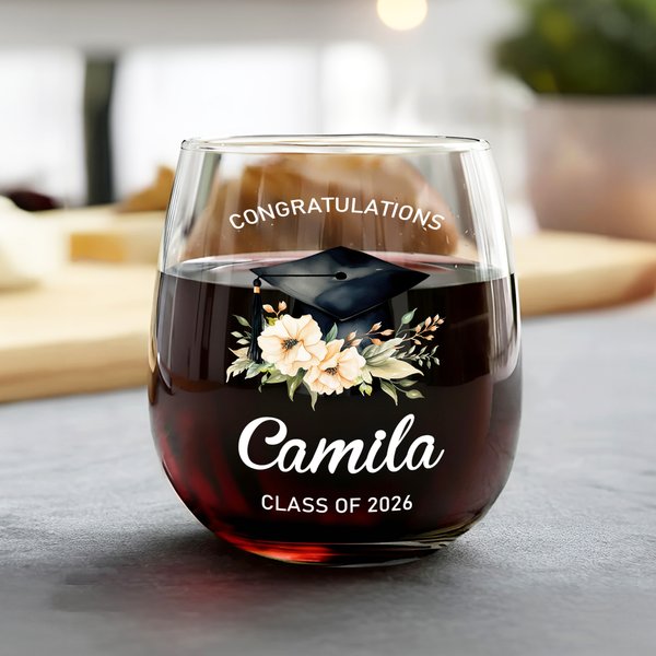 Tappo di laurea fiore personalizzato 15 oz Stemless Wine Glass con nome testo anno Home Bar trattare festa di laurea regalo per i laureati