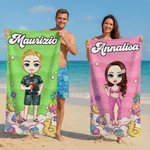 Telo mare personalizzato in microfibra con nome e personaggio animato, oversize, antisabbia, asciugatura rapida - Regalo per bambini e famiglia