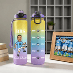 Personalised Cartoon Soccer Character Face Photo 32 oz Water Bottle with Name and Number Birthday Gift for Soccer Fans Lovers