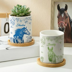 Personalised Horse Portrait Photo Ceramic Plant Pot with Bamboo Base and Name Birthday Gift for Horse Lover Owner