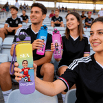 Personalised Cartoon Soccer Character Face Photo 32 oz Water Bottle with Name and Number Birthday Gift for Soccer Fans Lovers