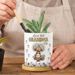 Personalised Cartoon Grandma Character Butterfly Ceramic Flower Pot with Name and Bamboo Tray Home Decor Mother's Day Gift for Mom Grandma