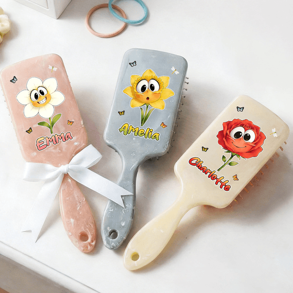 Gepersonaliseerde Cartoon Geboortebloem Anti-Statische Massage Kam met Naam en Lint Strik Verjaardagscadeau voor Vrouw Vriendin