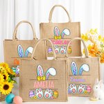 Personalized Lovely Bunny Ears Design Jute Tote Bag with Name Large Capacity Easter Eggs Hunting Gift for Kids