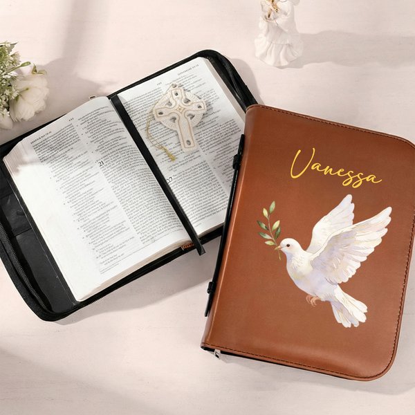 Personalised Multicolour Christian Pattern PU Leather Bible Book Cover with Name Zipper and Carry Handle Baptism Religious Holiday Gift for Christians