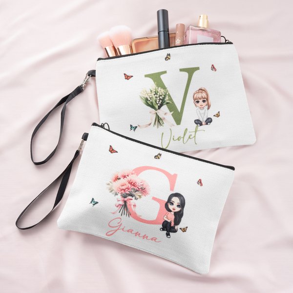 Personalized Birth Flower Bouquet Canvas Makeup Bag with Initial Name and Wristlet Birthday Anniversary Gift for Girl Women
