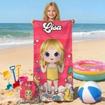 Telo mare personalizzato in microfibra con nome e personaggio animato, oversize, antisabbia, asciugatura rapida - Regalo per bambini e famiglia