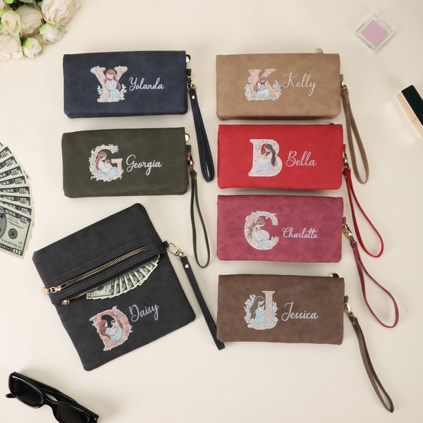 Personalizado de dibujos animados mamá y el bebé abrazos de cuero de la PU de embrague billetera con el nombre y la inicial de viaje esencial de uso diario Día de la Madre de regalo para mamá