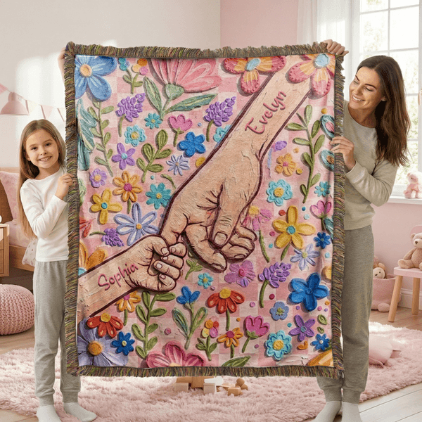 Personalisierte Ölgemälde Stil Blume Holding Hands weiche Decke mit Quasten und Namen Home Decor Muttertag Geburtstag Geschenk für Mama Kinder