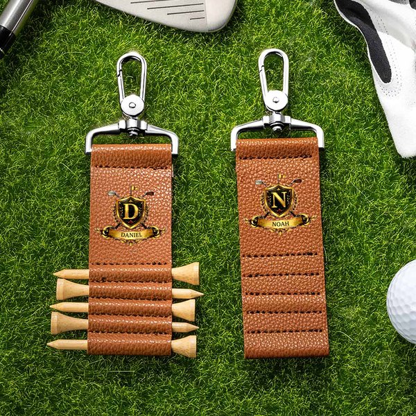 Badge de golf personnalisé en cuir PU avec 5 tees en bambou Cadeau d'anniversaire pour joueur de golf