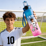 Personalised Cartoon Soccer Character Face Photo 32 oz Water Bottle with Name and Number Birthday Gift for Soccer Fans Lovers