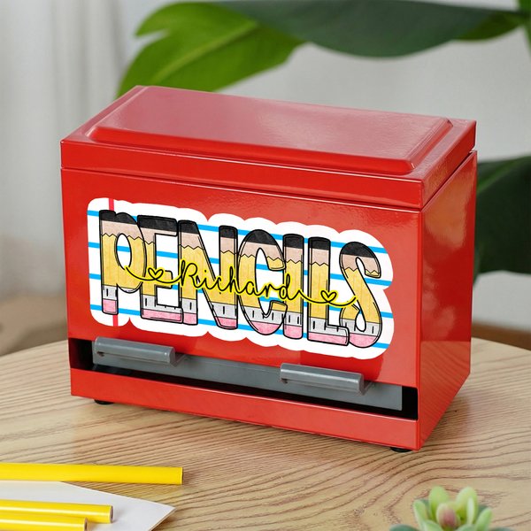 Décalque personnalisé pour cahier de notes et crayons Distributeur de crayons avec texte Décoration de la salle de classe Cadeau d'appréciation de la rentrée pour l'enseignant