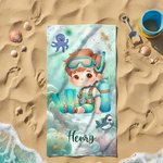 Personalized Cartoon Diving Character Marine Animal Quick Dry Oversized Beach Towel with Name Summer Vacation Beach Party Birthday Gift for Kids