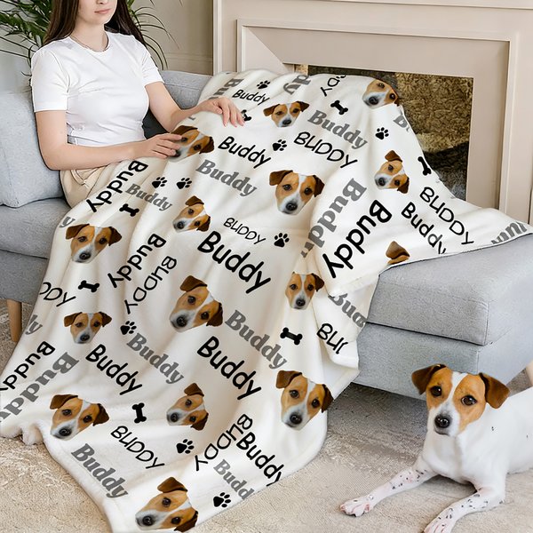 Coperta personalizzata per cani e gatti con foto, avatar, zampa, osso, con nome, multicolore, regalo di compleanno per gli amanti degli animali.