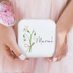 Personalized Watercolor Birth Flowers Bouquet Leather Jewelry Box with Name Travel Accessory Portable Gift for Women Girls