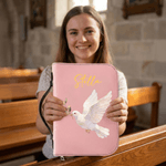 Couverture de livre biblique en cuir PU à motif chrétien multicolore personnalisé avec fermeture éclair pour le nom et poignée de transport Baptême Cadeau de vacances religieux pour les chrétiens